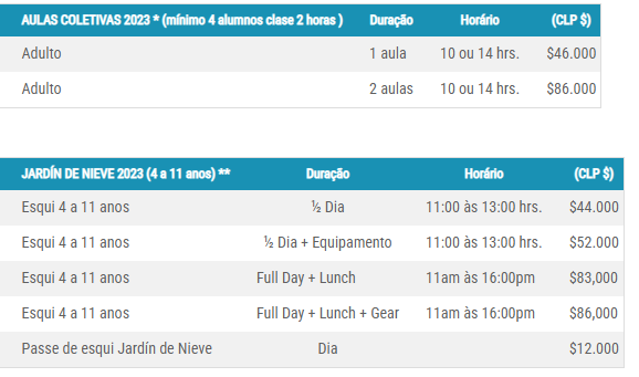 esquiar no chile preço